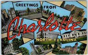 Large Letter Linen CHARLOTTE, NORTH CAROLINA NC  ca 1940s Blank Back Postcard