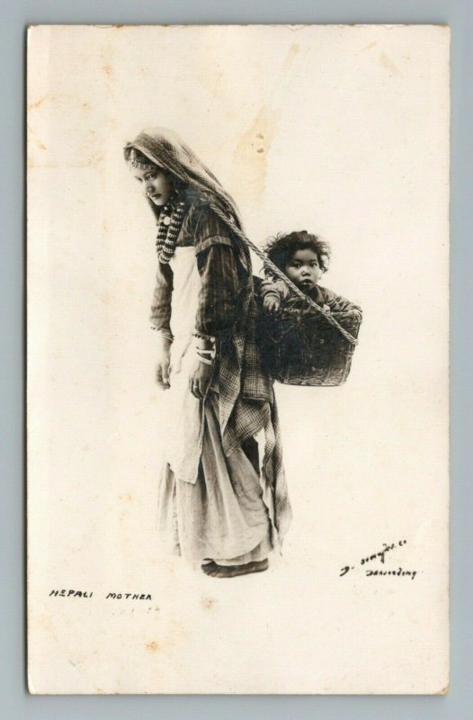 Nepali Mother Nepal Child Baby Basket Backpack RPPC Photo Vintage Postcard 