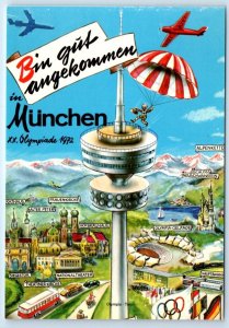 MUNCHEN Olypics 1972 illustrated map GERMANY 4x6 Postcard