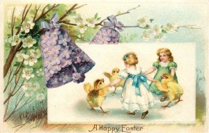 Embossed Easter Postcard Chicks & Girls Dance Ring Around The Rosy Flower Bell