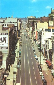 Syracuse NY Aerial View Of Downtown Stores & Old Cars & Signage, Postcard.