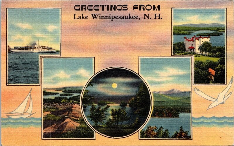 Greetings Lake Winnipesaukee New Hampshire Linen Multi View Unp Postcard 