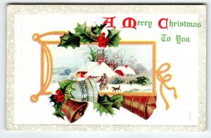 Christmas Postcard Bells Dog People Country Cottages Embossed Vintage Greetings