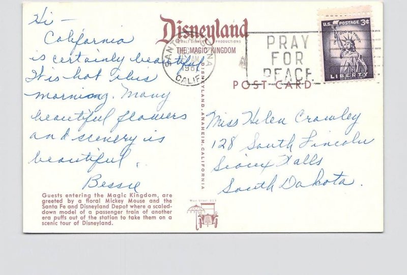 VINTAGE POSTCARD DISNEYLAND MAIN STREET USA GREETINGS FLORAL MICKEY #1 PRAY FOR 