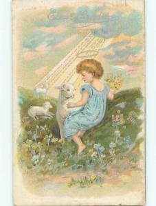 Pre-Linen easter ANGEL PETTING CUTE BABY LAMB J2180