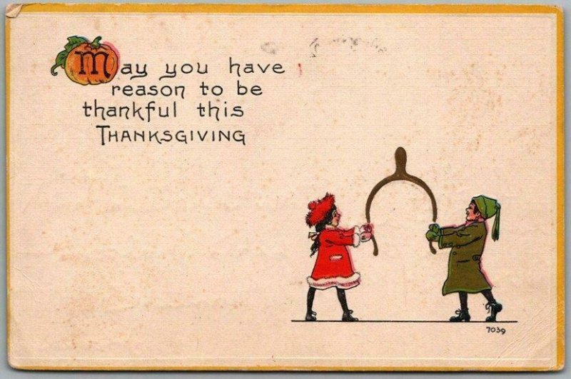 1913 THANKSGIVING Greetings Postcard Tiny Children Fighting Over Wishbone