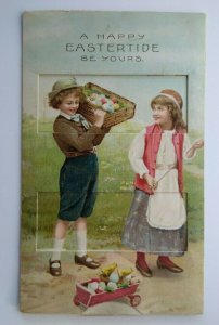 Easter Postcard German Mechanical Pull Tab Farm Boy Girl Humanized Roosters 