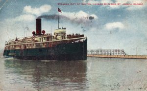 Vintage Postcard 1911 Steamer City Benton Harbor Entering St. Joseph Harbor MI