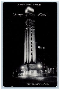 Chicago Illinois IL Postcard RPPC Photo Grand Central Station Night View c1940's