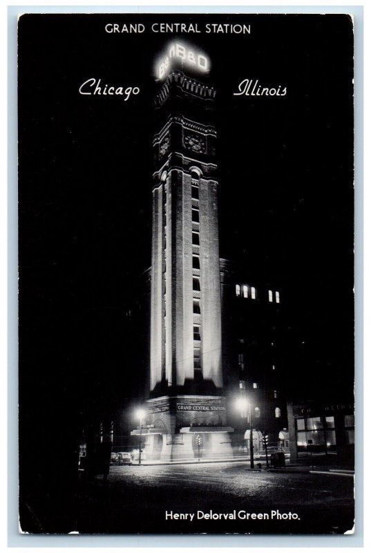 Chicago Illinois IL Postcard RPPC Photo Grand Central Station Night View c1940's