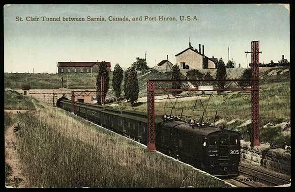 St Clair Tunnel Sarnia Canada Port Huron MI Railroad Train Postcard