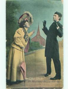 1908 postcard LEAP YEAR - MAN TELLS WOMAN HE DOES NOT WANT WEDDING BELLS W5208