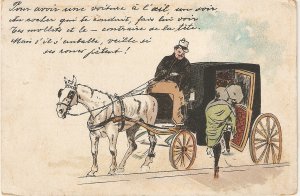 Lady entering a hrorse cartHumorous old vintage French postcrd