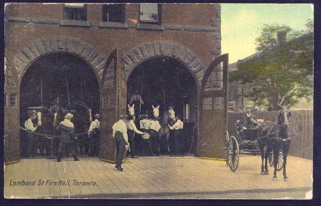 1909 horse-drawn vehicles in Lombard St. Fire Hall in Toronto, Canada color pc