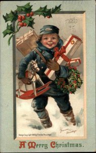 Christmas Brundage Little Boy Gifts Rocking Horse c1910 Postcard