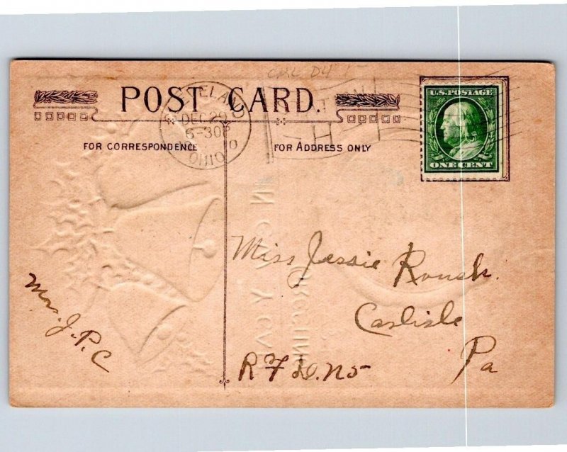 1910 NEW YEAR GREETINGS SILVER BELLS VICTORIAN EMBOSSED POSTCARD