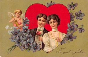 To Greet My Love romantic couple heart flowers Cupid antique pc Z16881