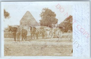 1918 WWI Germany Soldiers on Horse Cart RPPC Ruins Photo Morsbach Muller A156