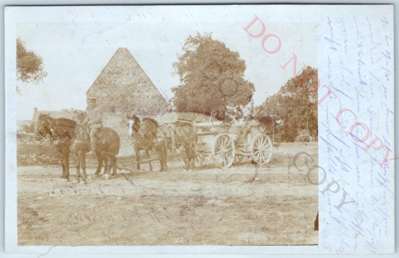 1918 WWI Germany Soldiers on Horse Cart RPPC Ruins Photo Morsbach Muller A156