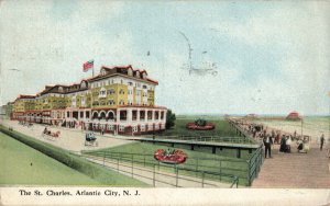 Circa 1909 USA Flag Horse Buggy's St. Charles, Atlantic City, N.J. Postcard  