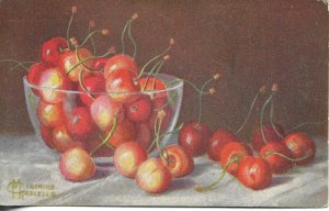 Cherries in vase. Still life, by M.Giachino Old vintage Italian postard