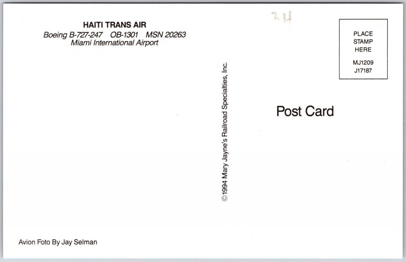 Airplane Haiti Trans Air Boeing B-727-247 OB-1301 MSN 20263 Miami Postcard