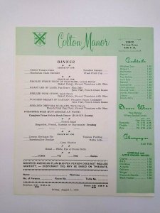 Colton Manor Atlantic City Vintage Dinner Menu Insert Original New Jersey 1975