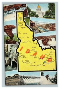 Vintage 1940's Postcard Greetings From Idaho - Giant Map Landscapes Skiing Dam