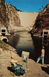 1950's Hoover Dam Artist Painting Dam Lower View Outlets Postcard 10c1-348 