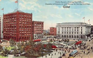 CLEVELAND OHIO~PUBLIC SQUARE-POST OFFICE-SOCIETY SAVING BUILDINGS~1910s POSTCARD