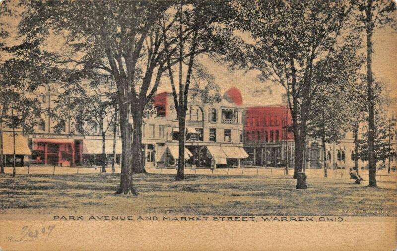 WARREN OH~PARK AVENUE & MARKET STREET-ALBERTYPE HAND COLORED 1907 PHOTO POSTCARD