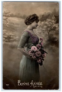 1913 New Year Bonne Anne Pretty Woman Roses Flowers Germany Antique Postcard 