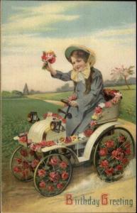 Birthday - Little Girl Driving Fancy Car c1910 Postcard #5