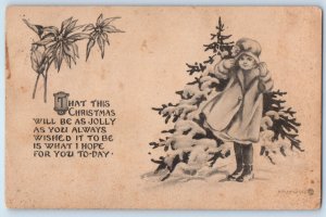 1914 Christmas Child Girl With Bonnet Pine Tree Poinsettia Flowers Postcard