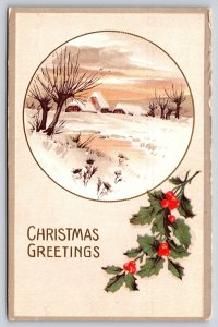 Holiday~Holly Cabins On Hill Christmas Greeting~Vintage Postcard