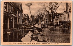 1927 Montpelier Vermont Flood Wreckage State St. Near Hotels Old Postcard