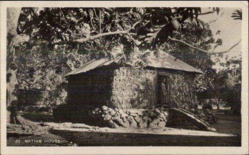 Suva Fiji Cancel Missing Stamp - Native House Real Photo Postcard 