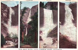 Vintage Postcard Four Great Waterfalls Attraction Yosemite Valley California CA