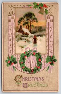 Christmas Greetings~Ribbons & Holly Framed Winter Scene~PM 1913~Vintage Postcard