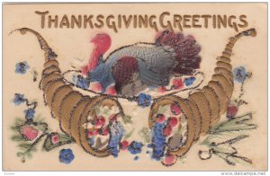 THANKSGIVING; Greetings, Wild Turkey, Cornicopias, Flowers, Glitter detail, 0...