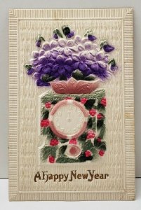 Heavily Embossed Airbrushed New Years Holly Pansies Clock Rochester Postcard B14