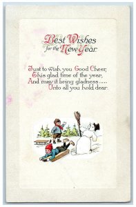 New Year Postcard Children Sledding Snowman Embossed Clapsaddle c1910's Antique