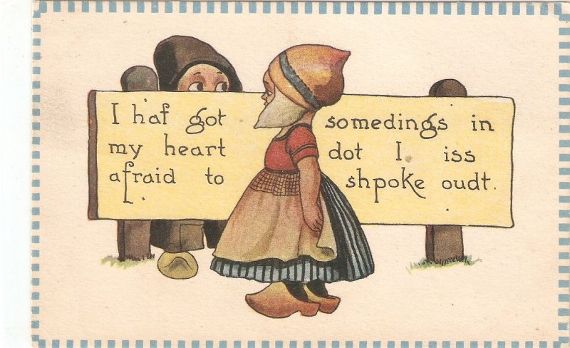 Comic Dutch couple. I haf got somedings in my heart.. Humorous vintage America