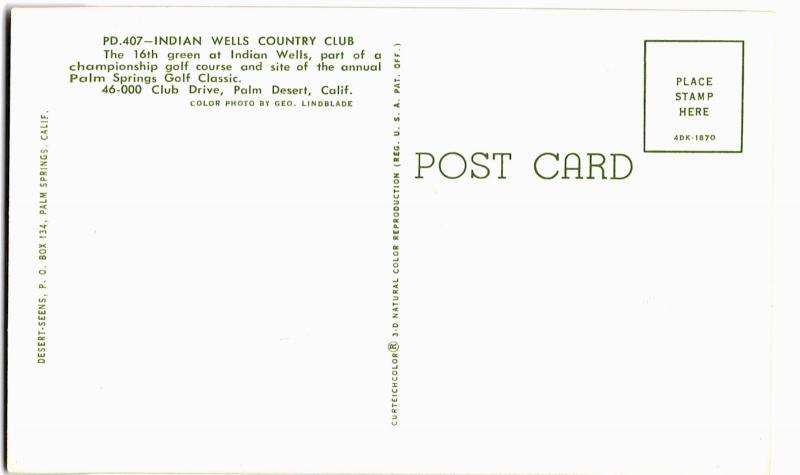 Postcard Palm Desert California Indian Wells Country Club Golf Course