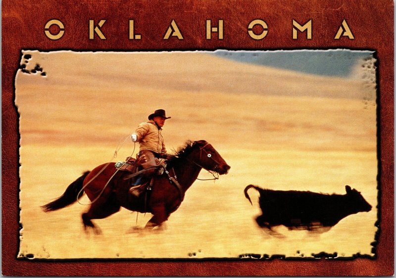 VINTAGE CONTINENTAL SIZE POSTCARD CHASING CATTLE IN OKLAHOMA