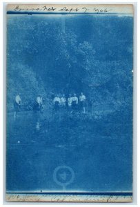 1906 Cyanotype Men Women In Stream View Geneva Nebraska NE RPPC Photo Postcard