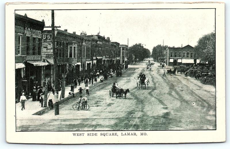 Postcard MO Lamar West Side Square Pre 1920s Street View Horse Buggy Bicycle R29