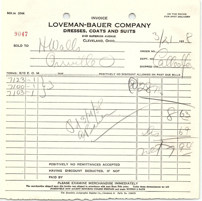 1938 LOVEMAN-BAUER CO. CLEVELAND OH DRESSES COATS SUITS BILLHEAD INVOICE Z1072