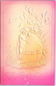 VINTAGE POSTCARD EASTER GREETINGS YOUNG BOY AND LARGE EGG EMBOSSED c. 1910