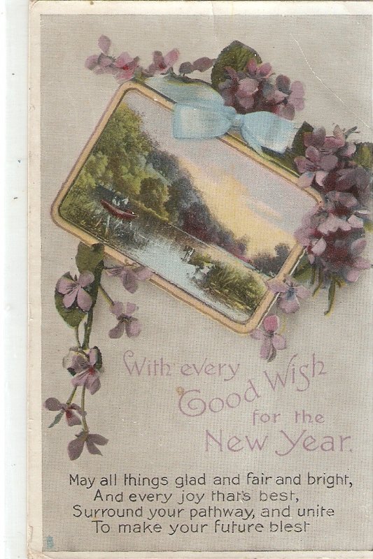 Landscape with river. Flowers. New Year Message  Tuck Gem Glosso Greetings PC